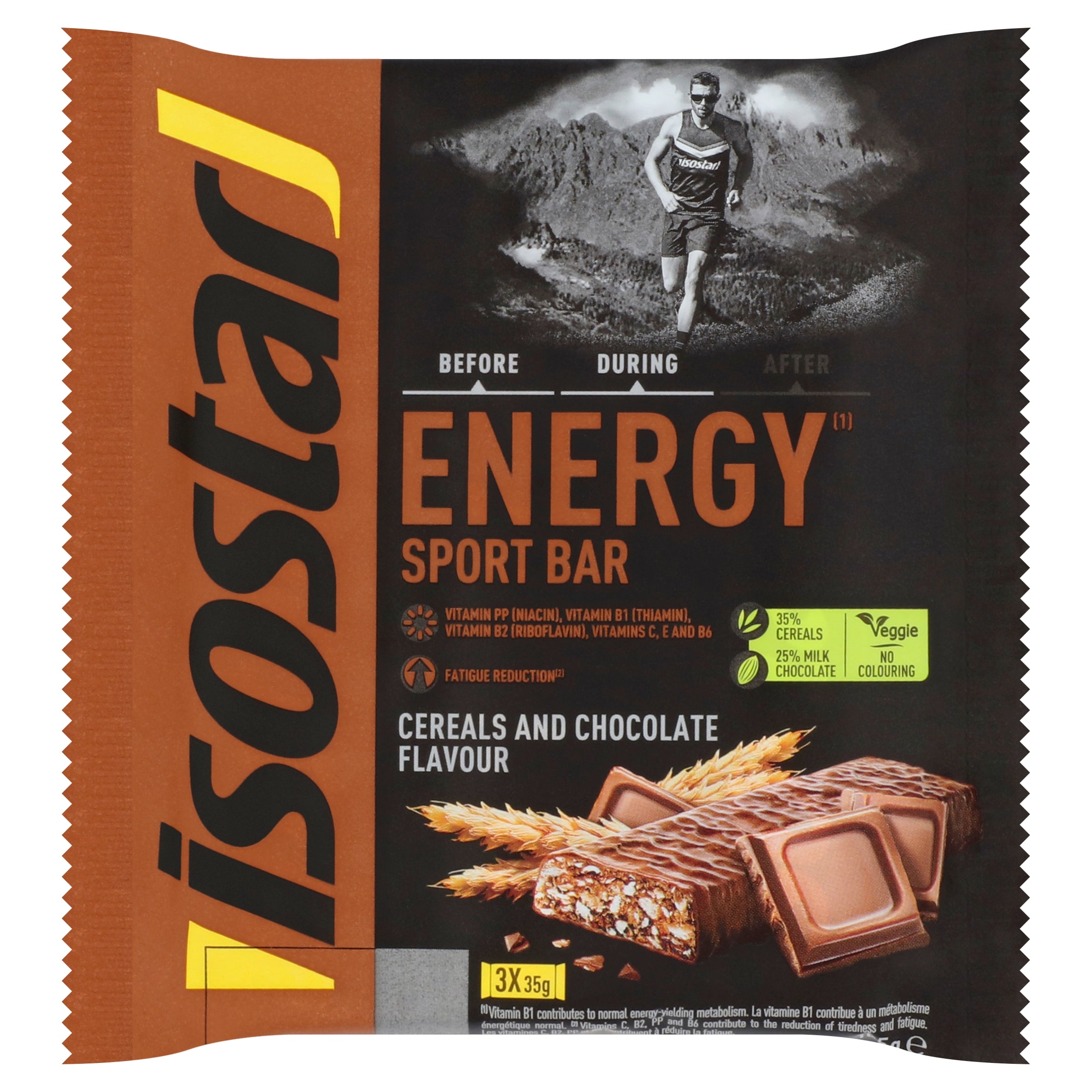 Isostar Energy Sport Bar with cereals and chocolate, 105g pack, ideal for sports nutrition and quick energy boost.