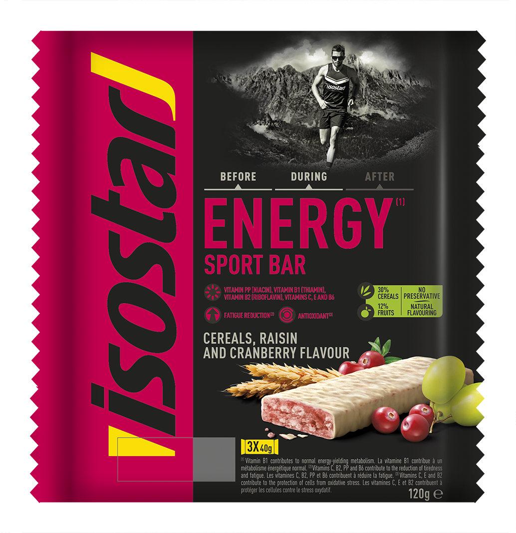 Isostar Energy sport bars with cereals and cranberry in a 3-pack, showing the bars wrapped in packaging with cranberries and cereal grains
