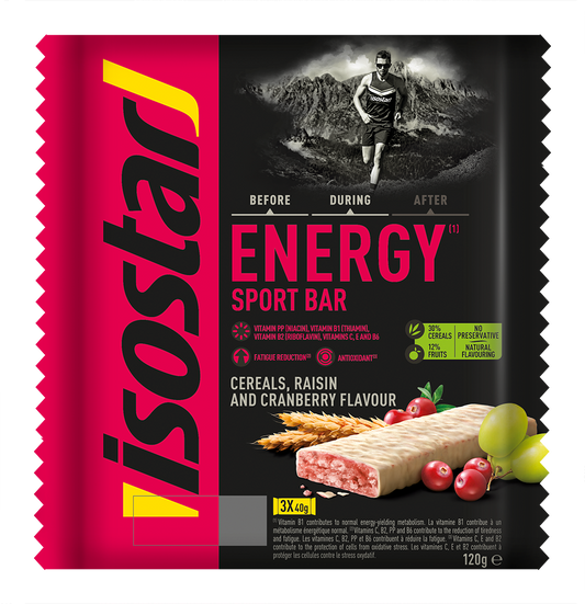 Isostar Energy sport bars with cereals and cranberry in a 3-pack, showing the bars wrapped in packaging with cranberries and cereal grains