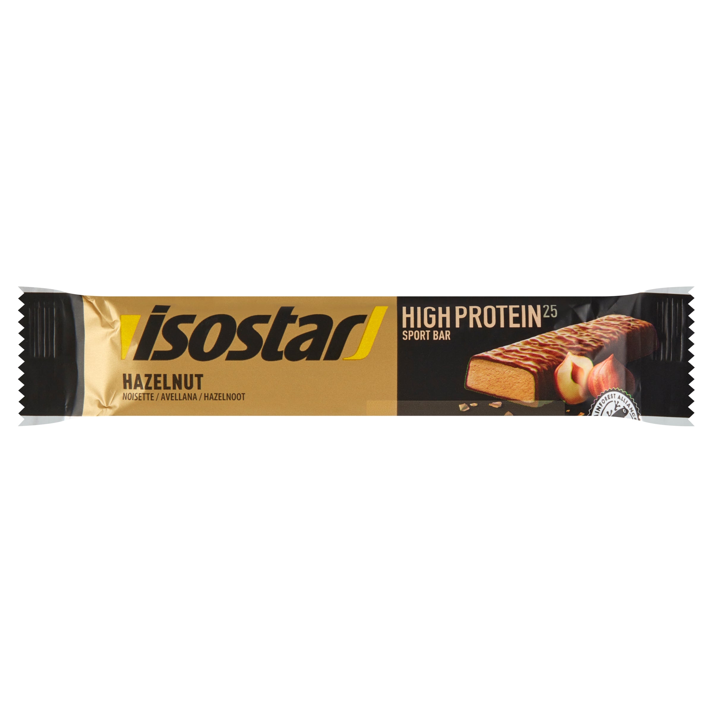 Isostar High Protein 25 hazelnut snack bar, 35g, showing the chocolate-coated bar with hazelnut pieces on the packaging