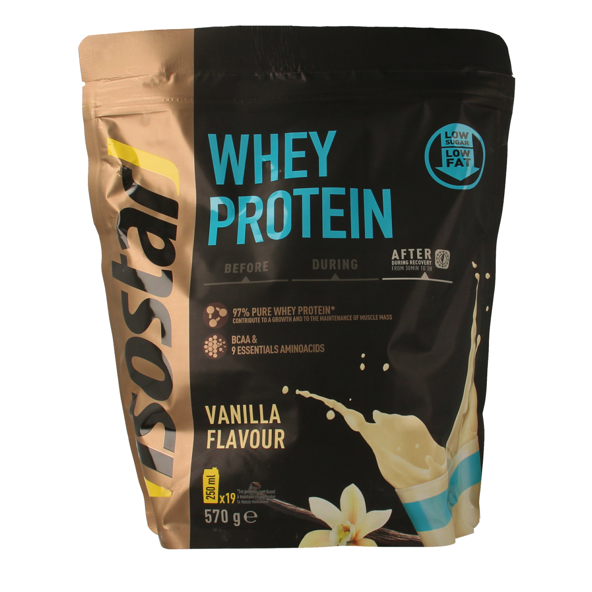Isostar vanilla whey protein powder in 570g container, sports nutrition supplement with vanilla flavor.