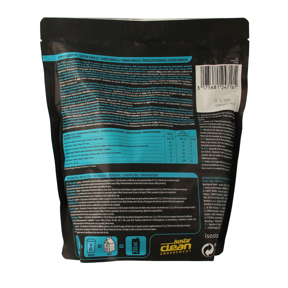 Isostar vanilla whey protein powder in a 570g container, sports nutrition supplement with vanilla flavor.