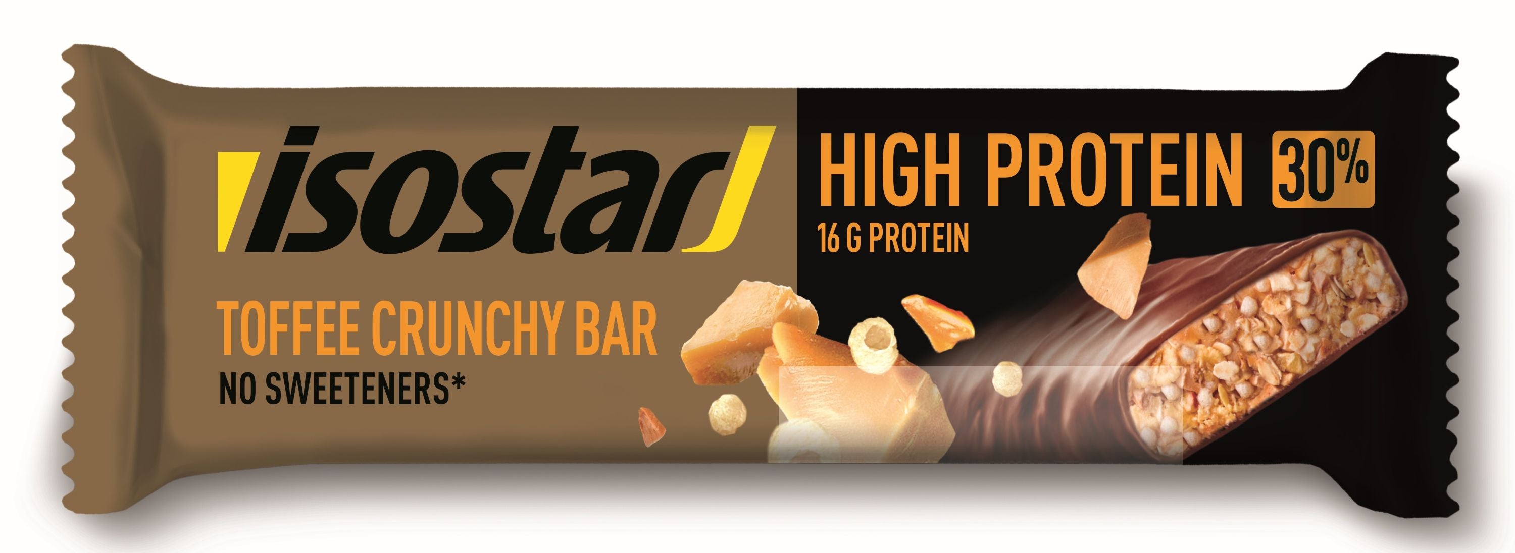 Isostar High Protein 30 Bar Toffee Crunchy 55g sports nutrition bar with crunchy toffee flavor, ideal for active lifestyles.
