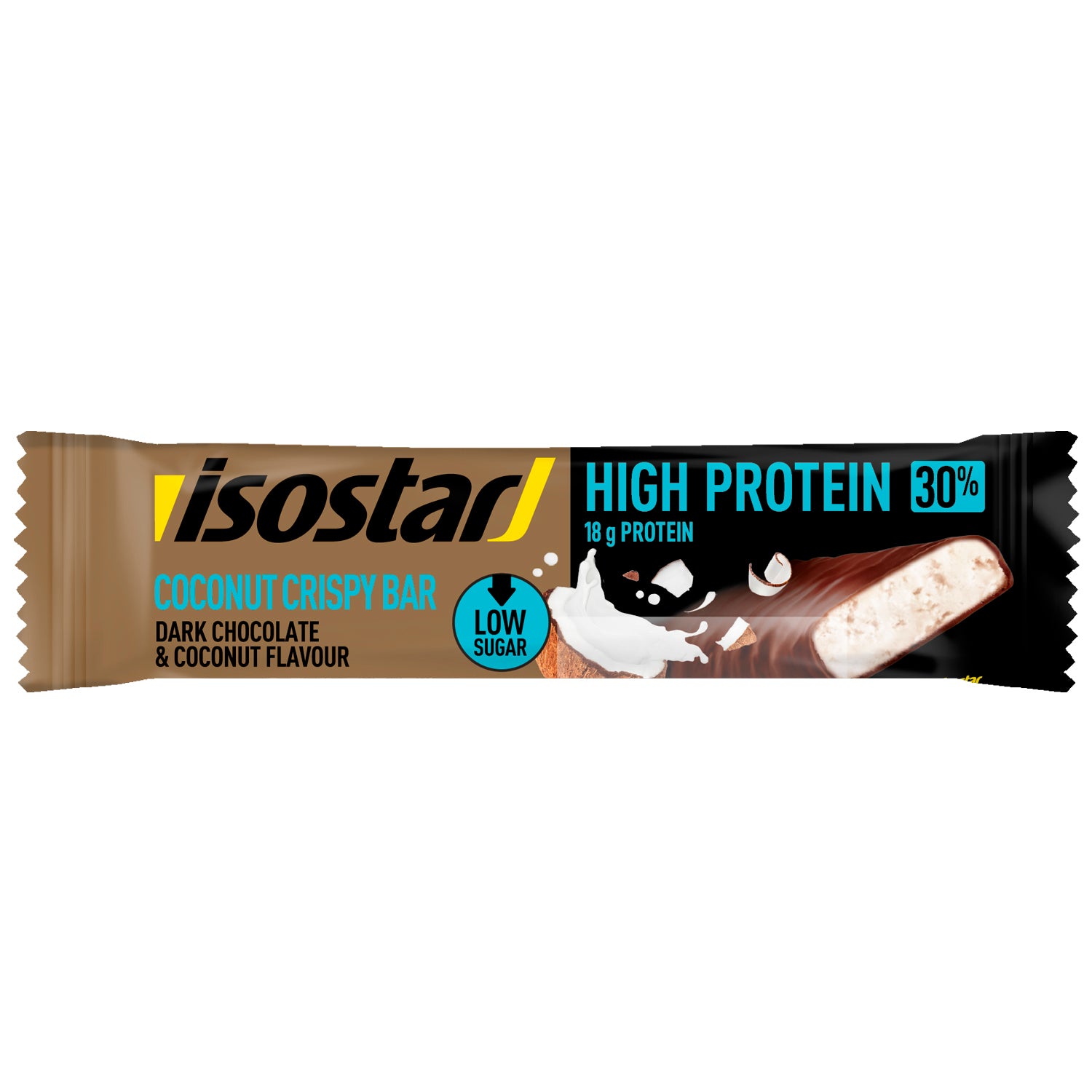 Isostar high protein coconut crispy 55g sports nutrition bar, showing the snack's packaging and texture detail.