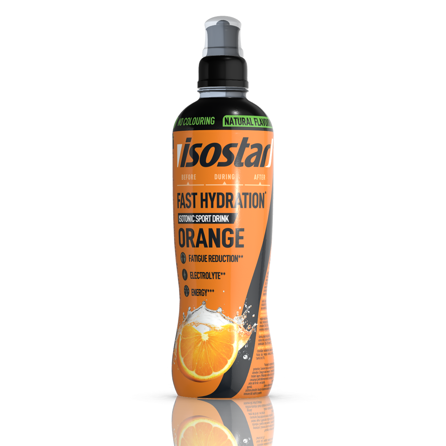 Isostar Fast Hydration isotonic sport drink in orange flavor, 500ml bottle, ideal for quick hydration during sports activities.