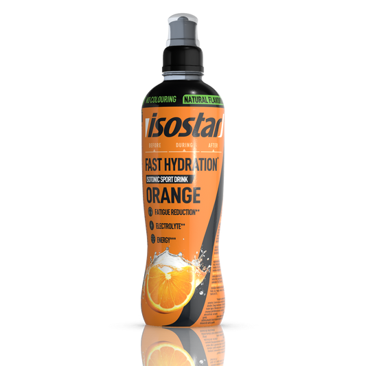Isostar Fast Hydration isotonic sport drink in orange flavor, 500ml bottle, ideal for quick hydration during sports activities.