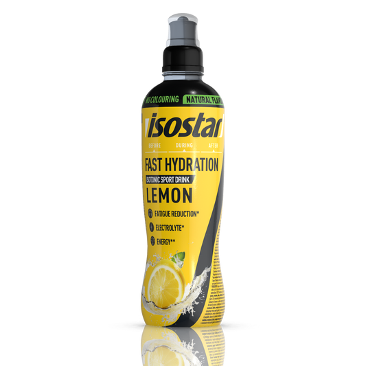 Isostar Fast Hydration isotonic sport drink lemon flavor in 500ml bottle, ideal for sports nutrition and hydration.