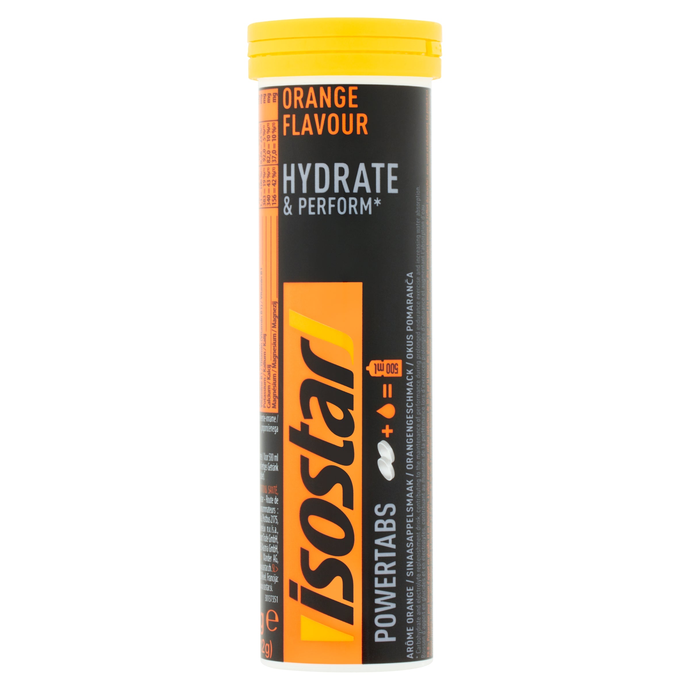 Isostar Powertabs hydrate and perform orange flavor, 120g, effervescent drink tablets for energy and hydration.