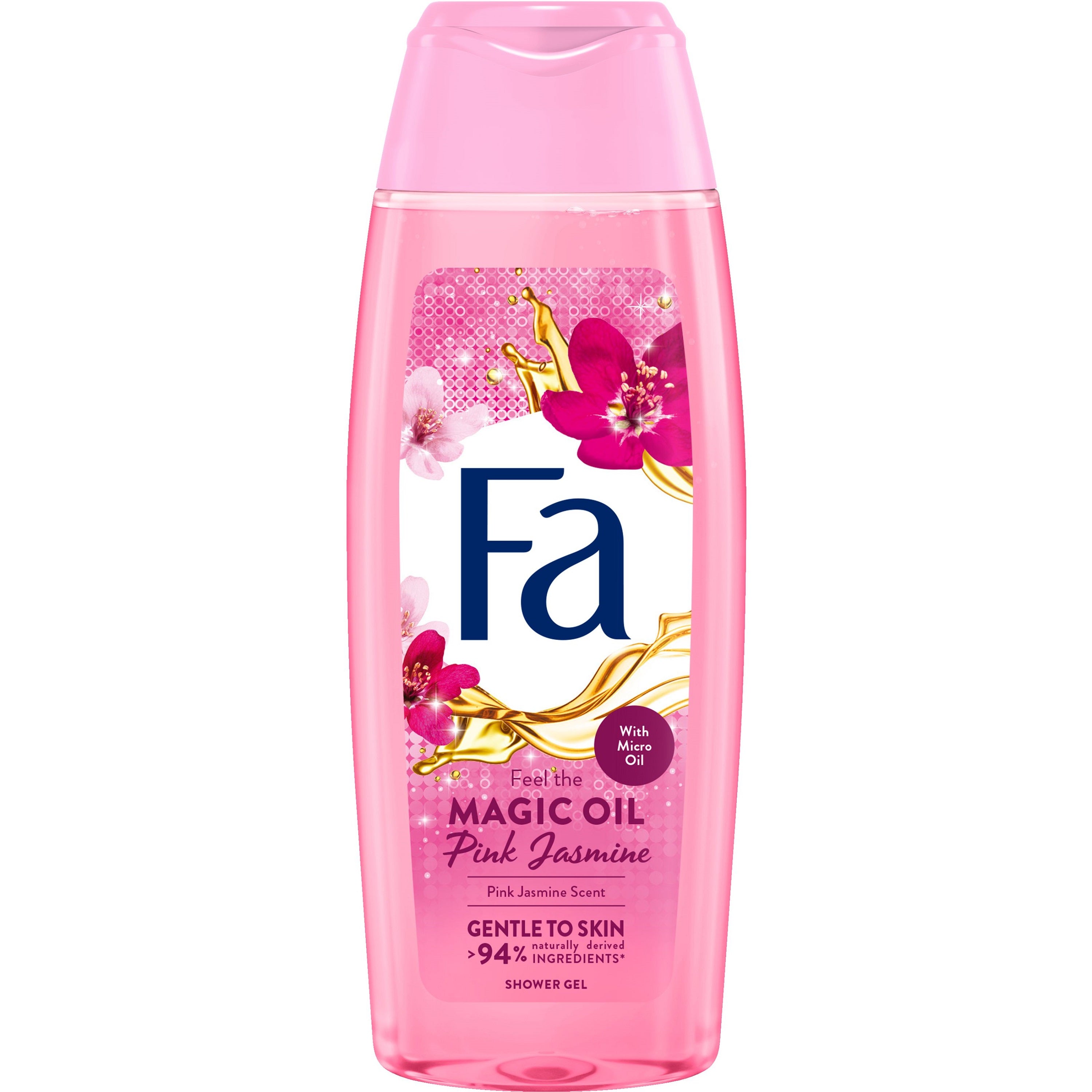FA Magic Oil Pink Jasmine shower gel bottle, 250ml, with pink jasmine scent and sleek packaging, designed for a luxurious bath experience.