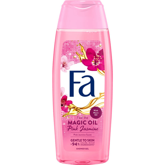 FA Magic Oil Pink Jasmine shower gel bottle, 250ml, with pink jasmine scent and sleek packaging, designed for a luxurious bath experience.