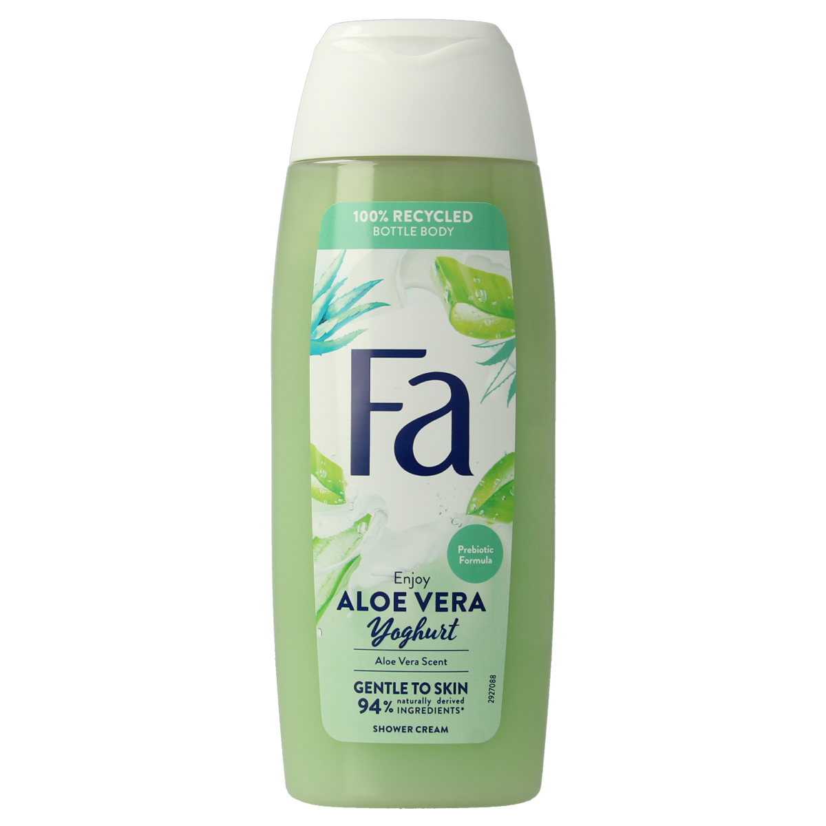 FA Douchegel Yoghurt of Care Aloe Vera, 250ml, in a white bottle with a blue cap, featuring aloe vera imagery on the label.