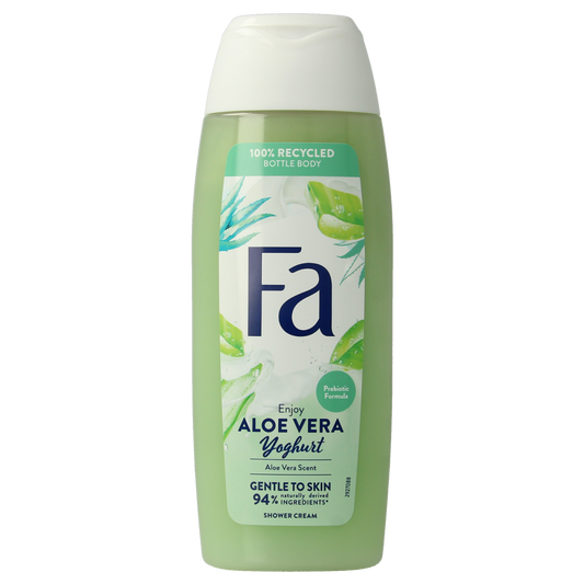 FA Douchegel Yoghurt of Care Aloe Vera, 250ml, in a white bottle with a blue cap, featuring aloe vera imagery on the label.