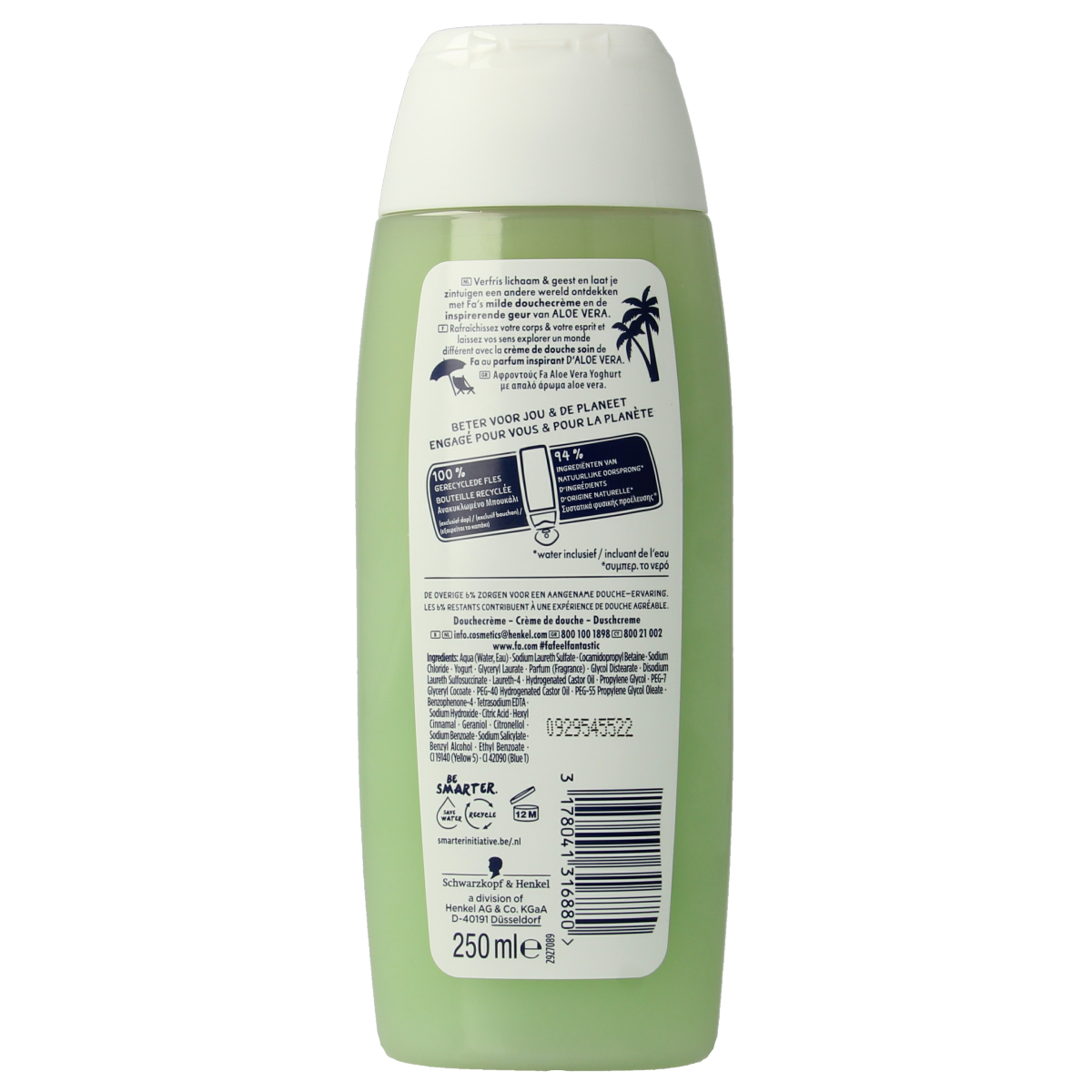 FA Douchegel Yoghurt of Care Aloe Vera, 250ml, moisturizing body and shower gel with soothing aloe vera in a clear bottle.