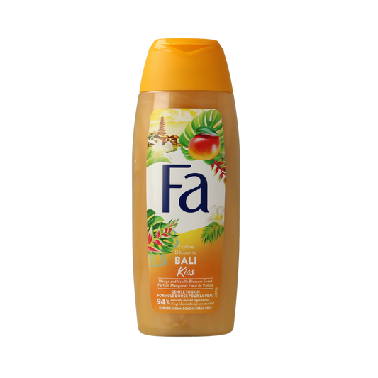 FA Bali Kiss shower gel in 250ml bottle, moisturizing body wash with tropical scent and vibrant packaging.