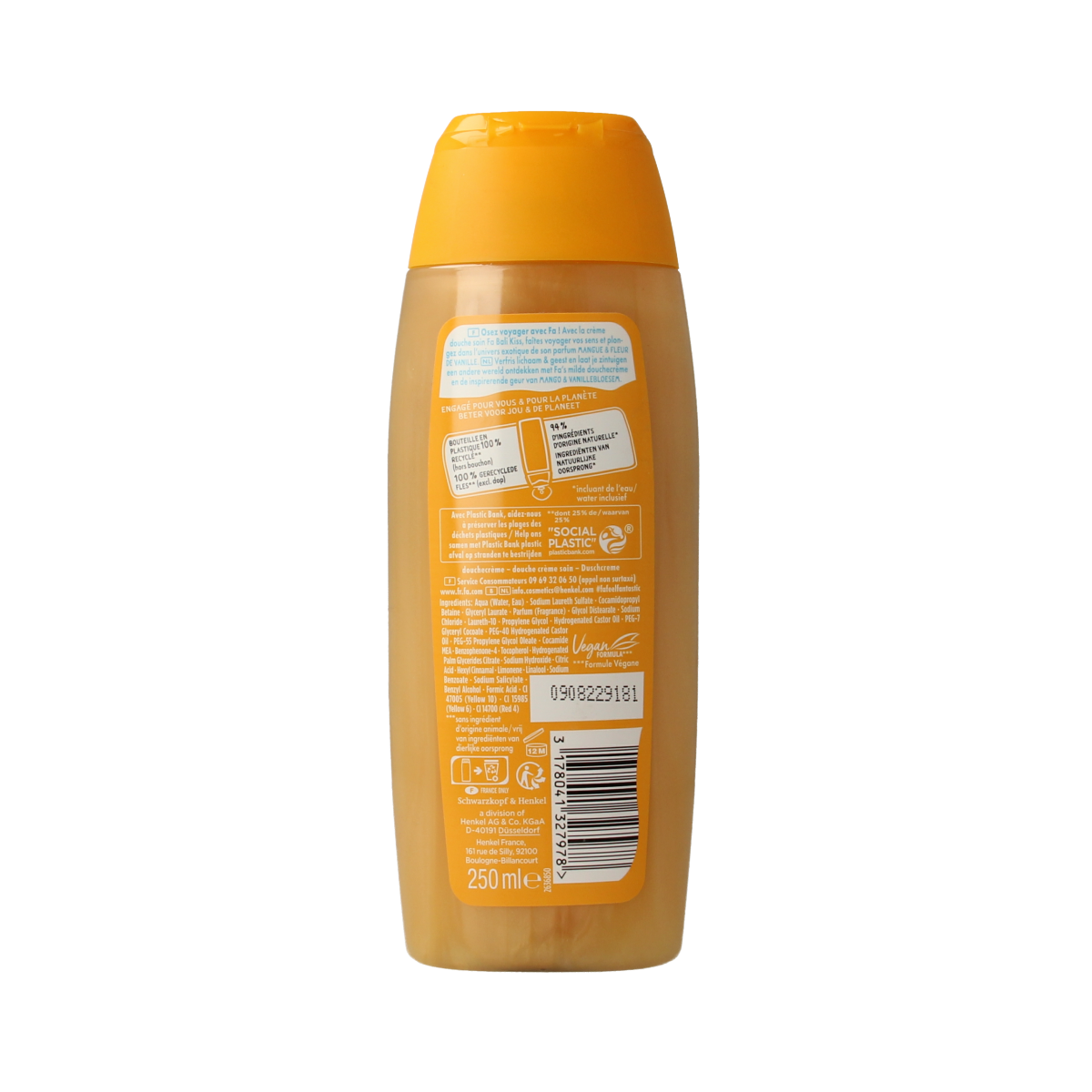 FA Bali Kiss douchegel in a 250ml bottle, featuring tropical-inspired packaging for refreshing body and shower cleansing.