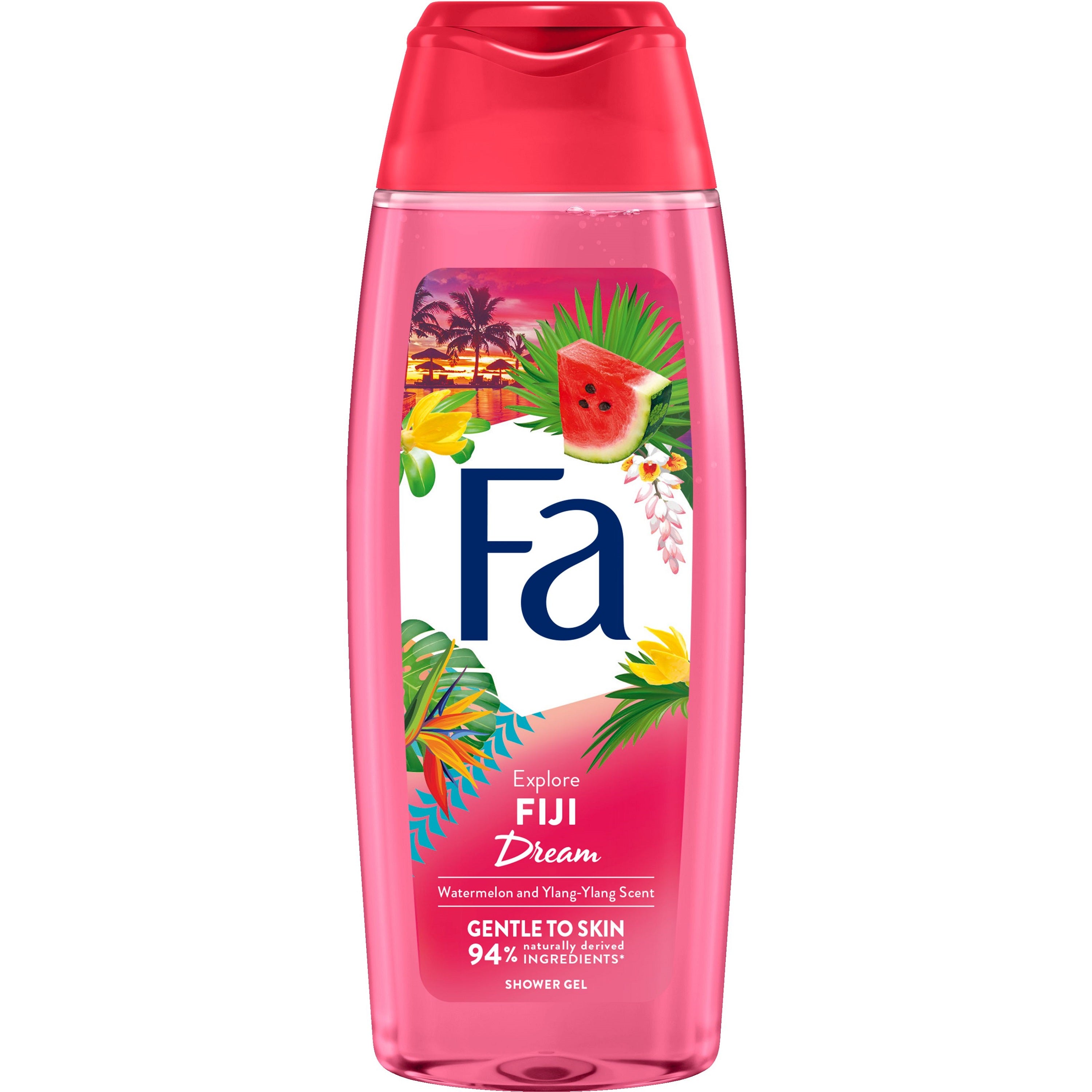 FA Fuji Dream shower gel in 250ml bottle, moisturizing bad en douche with floral and fruity scent, in a clear plastic container.