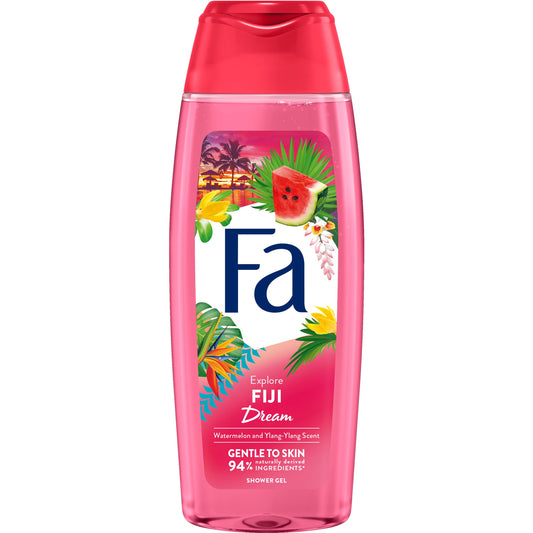 FA Fuji Dream shower gel in 250ml bottle, moisturizing bad en douche with floral and fruity scent, in a clear plastic container.