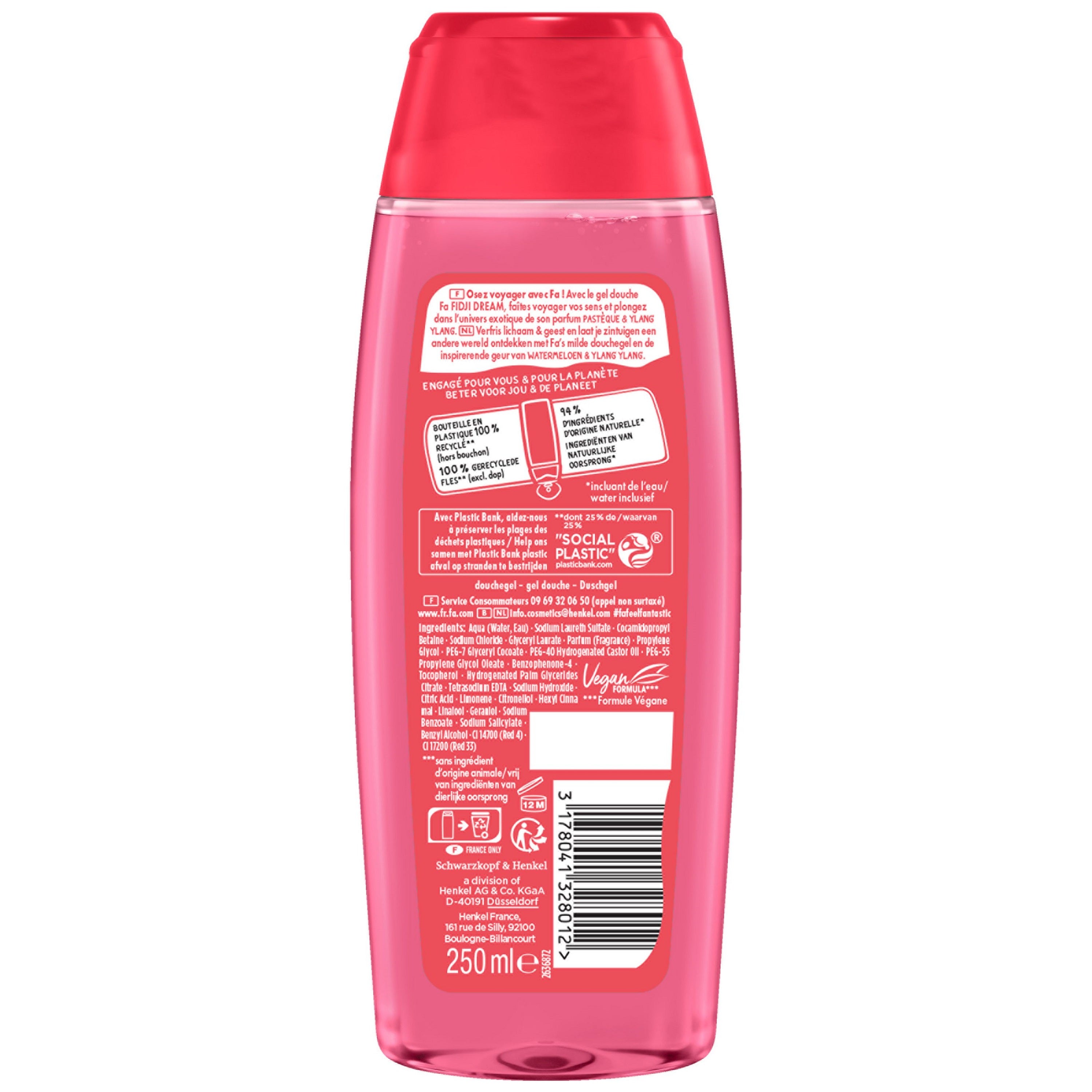 FA Fuji Dream shower gel in 250ml, featuring a clear bottle with blue and white label, displaying the product inside.