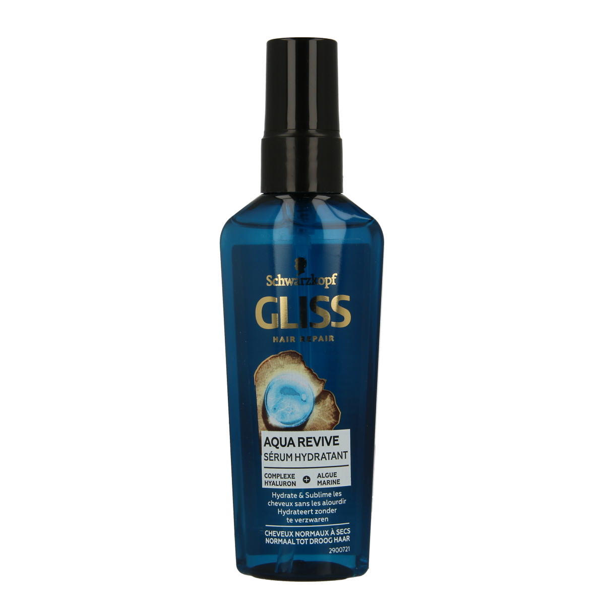 Gliss Kur Aqua Revive Hair Serum bottle, 75ml, for nourishing hair care and hydration, with a sleek blue packaging design.