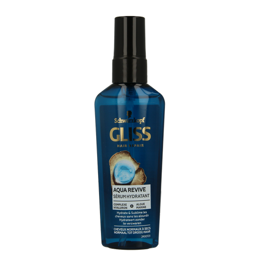 Gliss Kur Aqua Revive Hair Serum bottle, 75ml, for nourishing hair care and hydration, with a sleek blue packaging design.