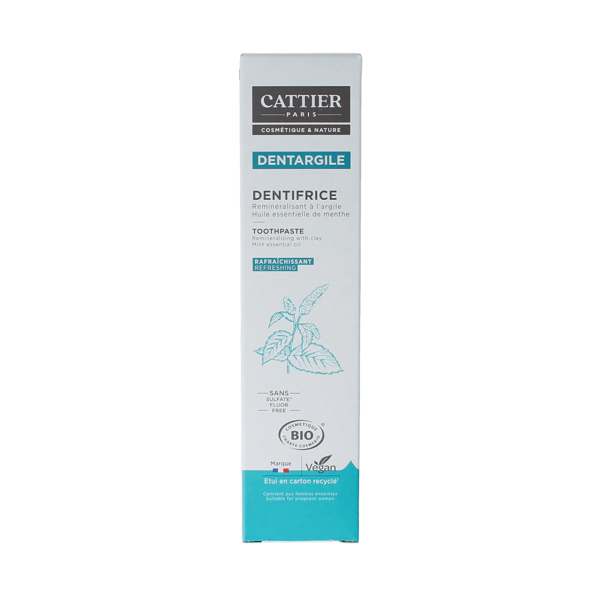 Cattier mint toothpaste in a 75ml tube, showing the tube with mint flavor branding and product label.