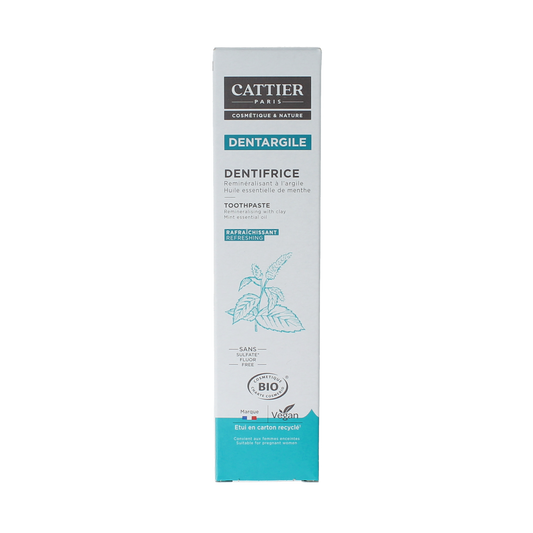 Cattier mint toothpaste in a 75ml tube, showing the tube with mint flavor branding and product label.
