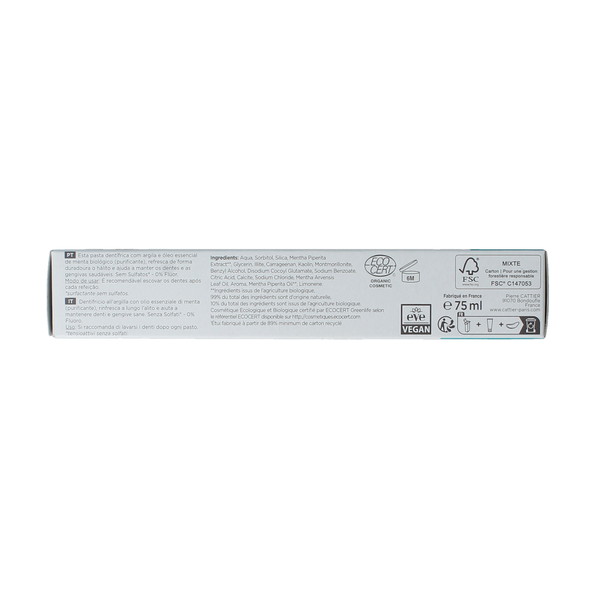 Cattier toothpaste tube with mint flavor, 75ml, featuring natural ingredients and a sleek white and green packaging design.
