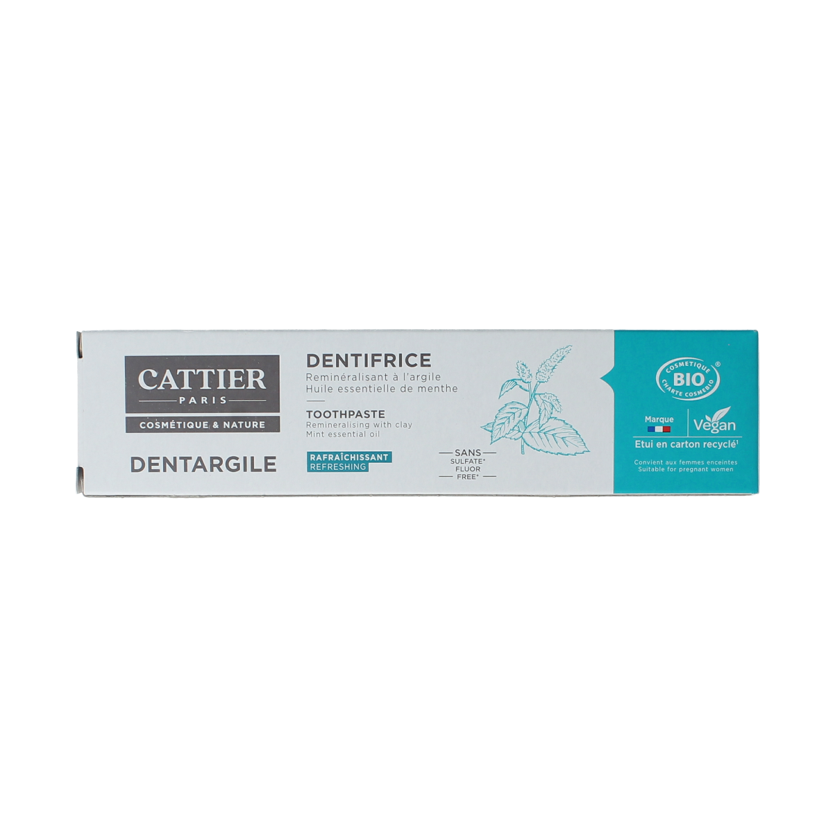 Cattier mint toothpaste in a 75ml tube with a white and green packaging, designed for freshening breath and oral care.