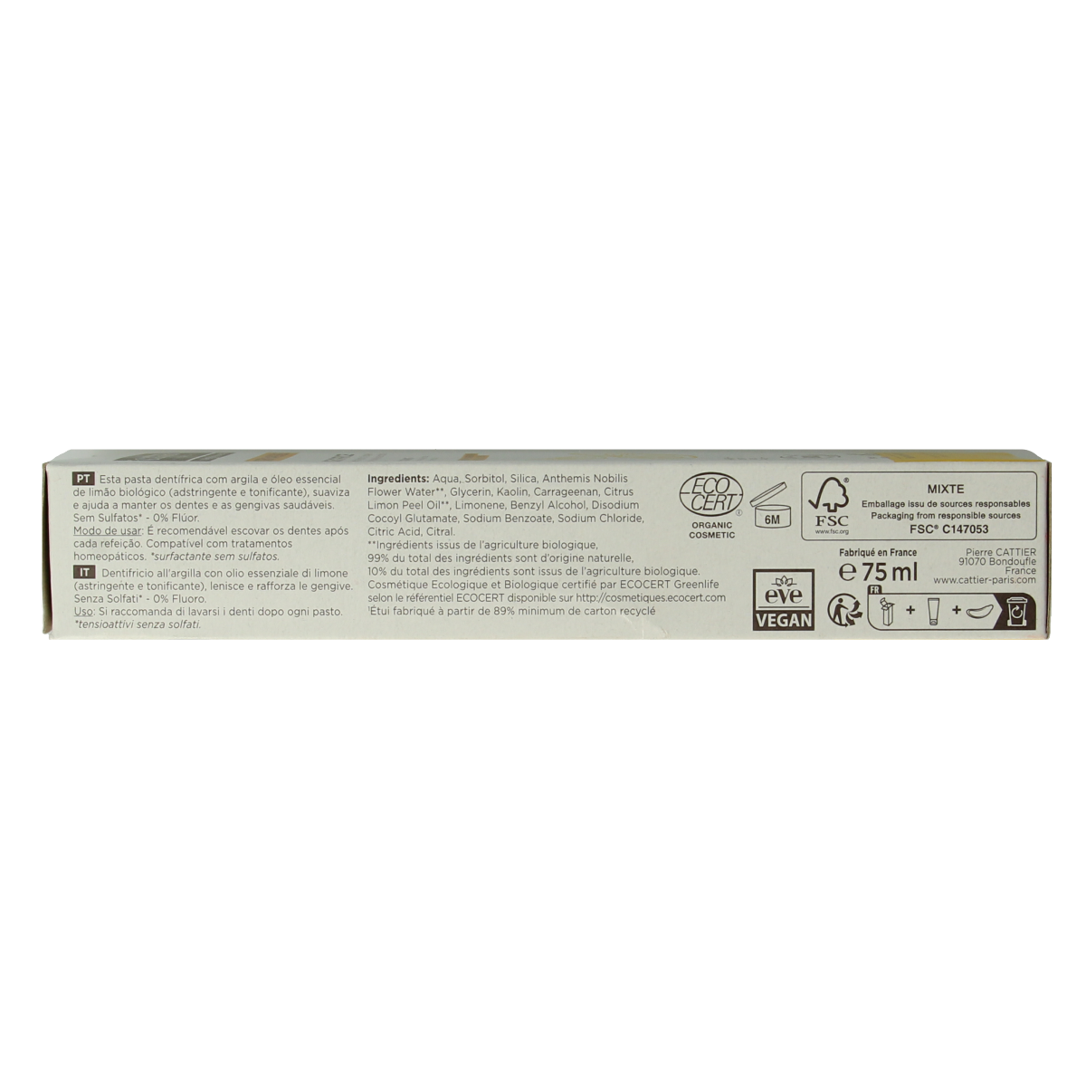 Cattier Tandpasta citroen 75.00 Milliliter