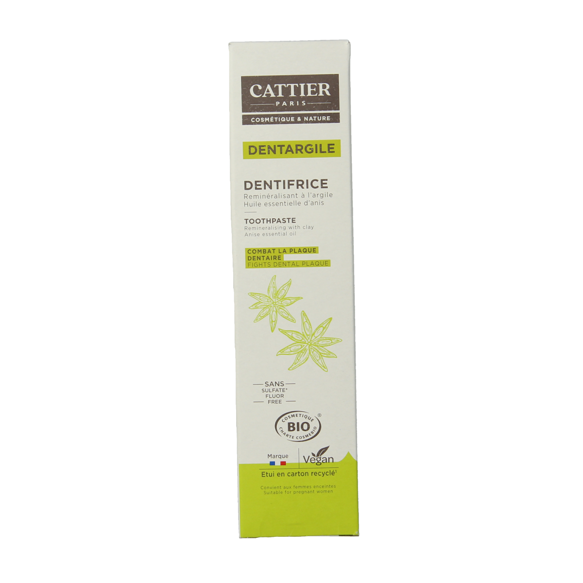 Cattier anise toothpaste in a 75ml tube, with a white and green label, designed for oral hygiene and freshening breath.