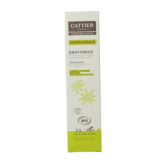 Cattier anise toothpaste in a 75ml tube, with a white and green label, designed for oral hygiene and freshening breath.