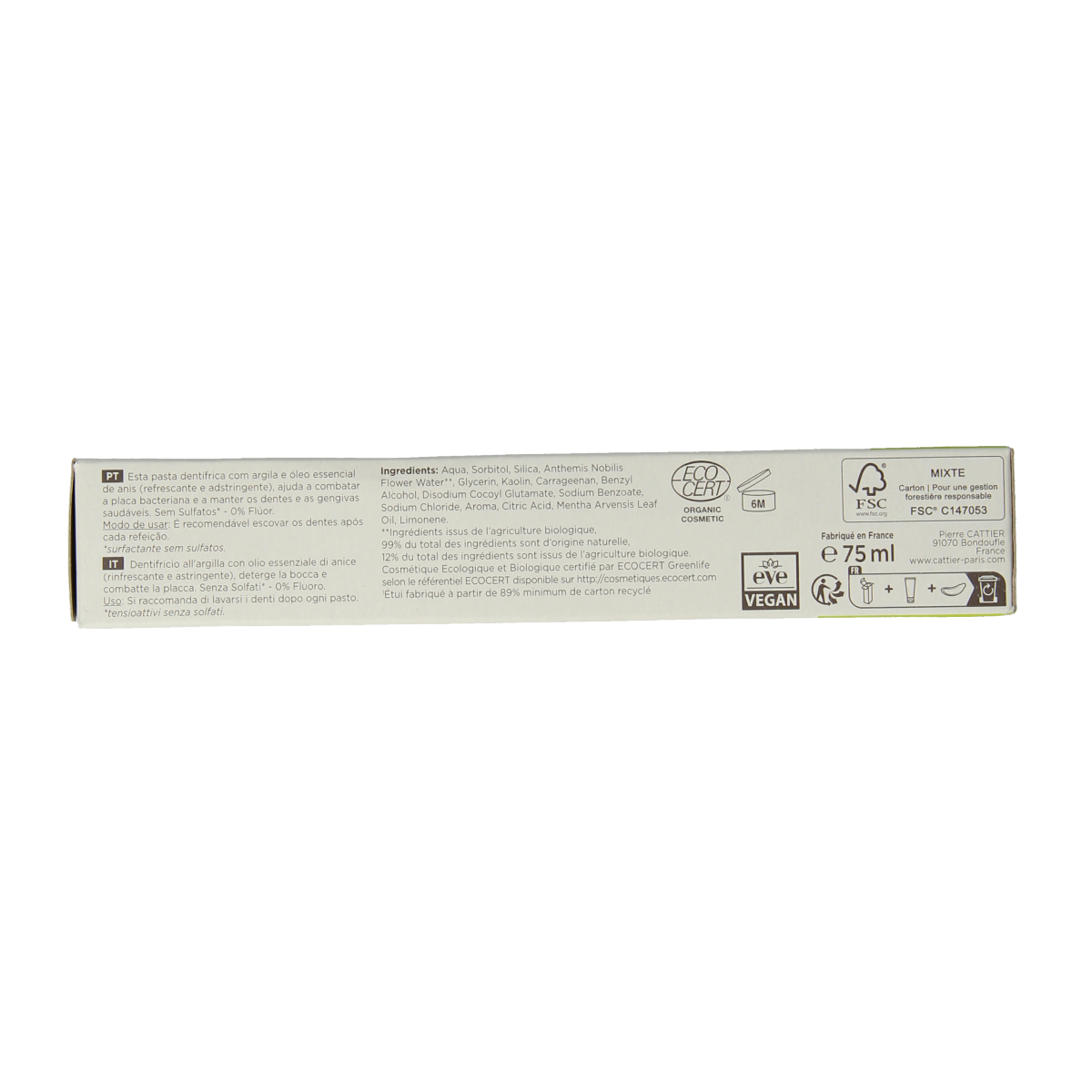 Cattier anise toothpaste in a 75ml tube, featuring a white and blue packaging design with an anise plant illustration.