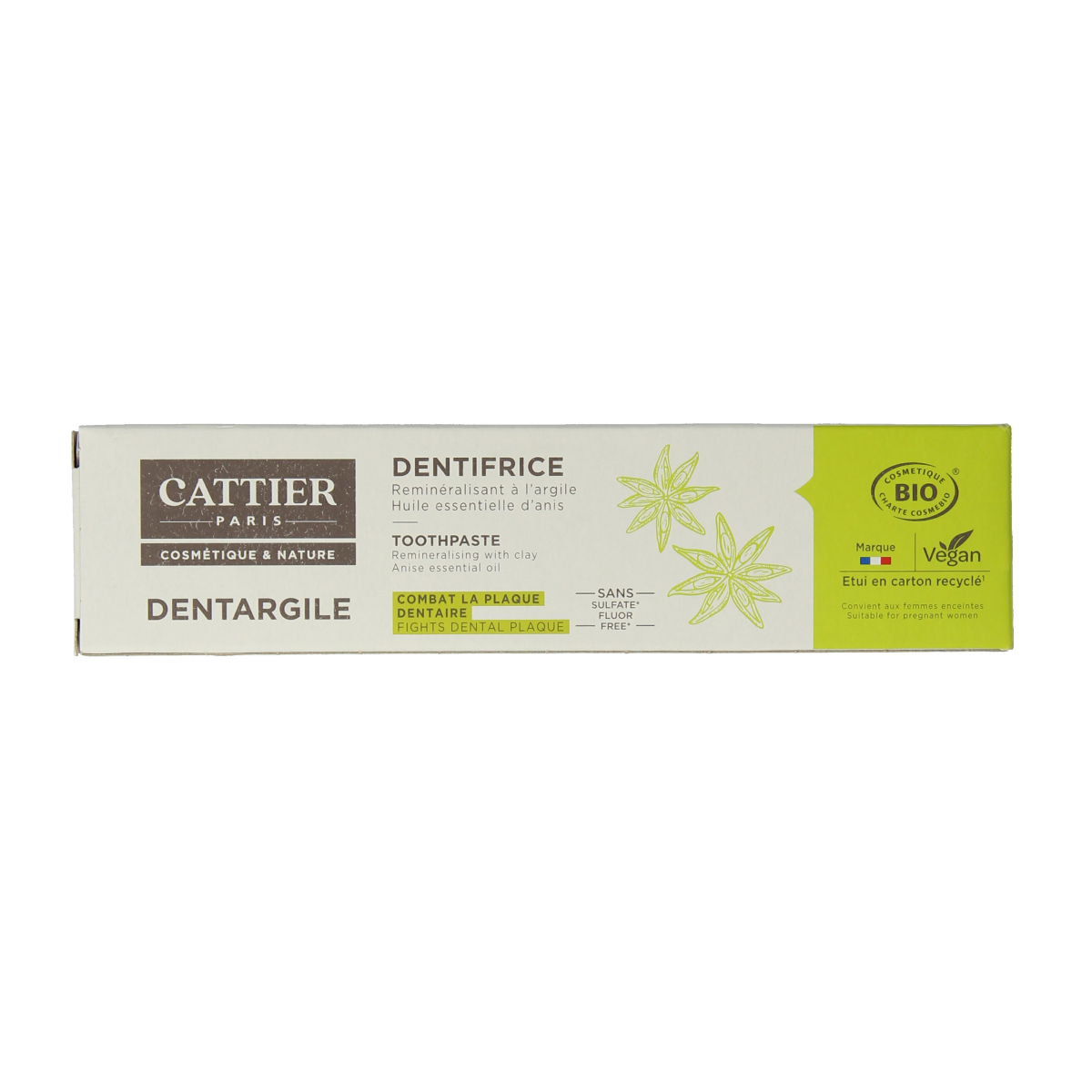 Cattier anise toothpaste tube, 75ml, with anise flavor, showing the toothpaste packaging and branding.