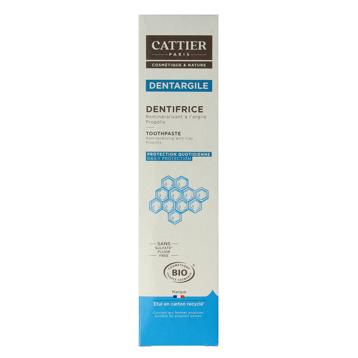 Cattier Propolis toothpaste tube showing the 75ml size with a green and white label, featuring natural ingredients and brand logo.