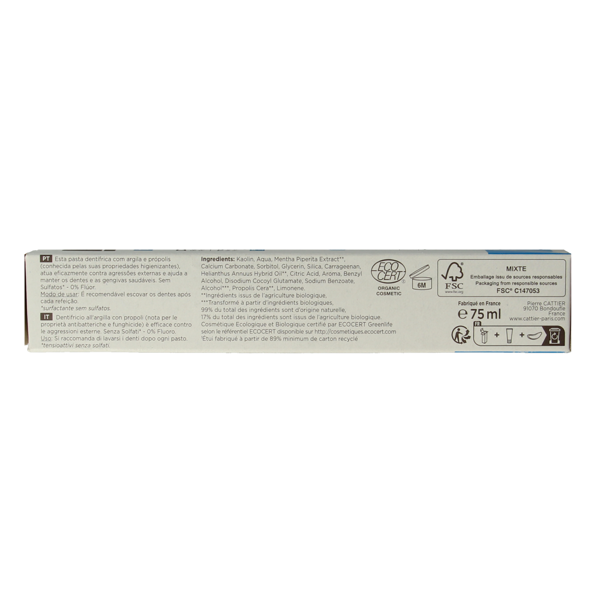 Cattier propolis toothpaste in 75ml tube, showing the toothpaste tube with brand and natural ingredients visible.