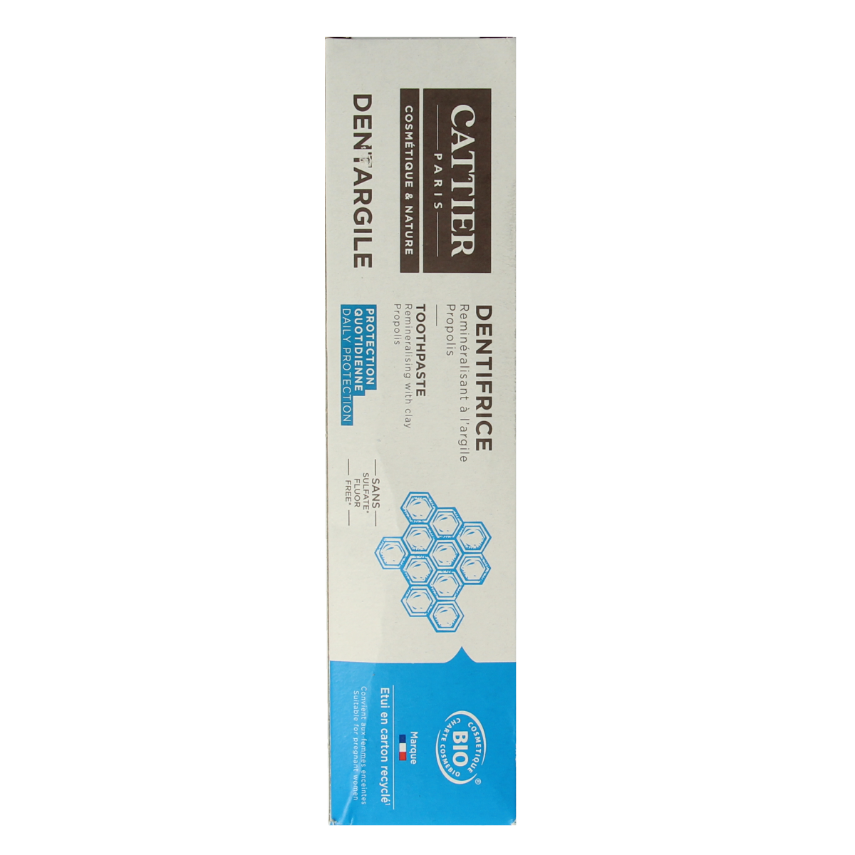Cattier propolis toothpaste in a 75ml tube, featuring natural ingredients and a focus on oral hygiene.