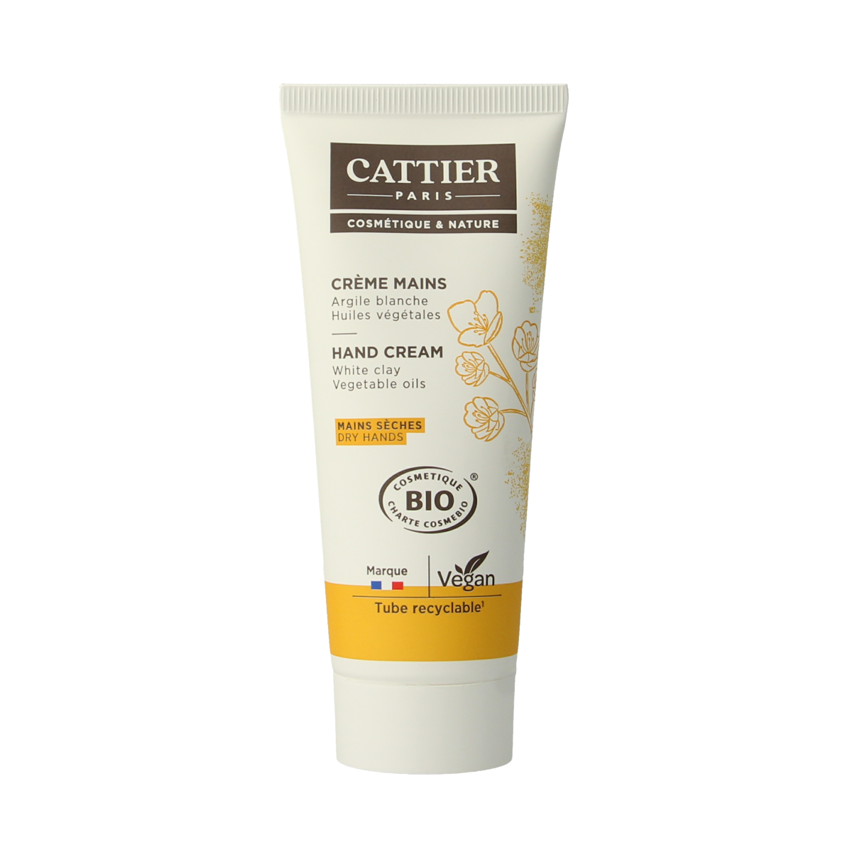 Cattier Handcreme met witte klei in 75ml tube, moisturizing handverzorging for soft, nourished hands.