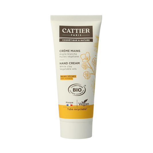 Cattier Handcreme met witte klei in 75ml tube, moisturizing handverzorging for soft, nourished hands.