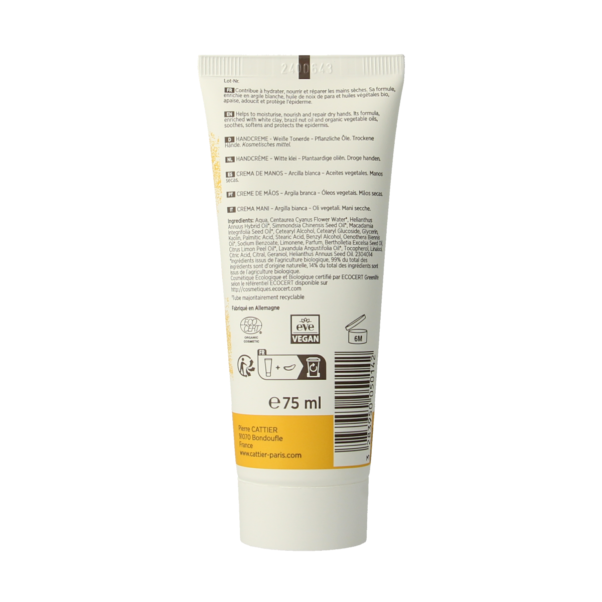 Cattier Handcreme with white clay in 75ml tube, nourishing hand skincare product with a white-colored cream texture.