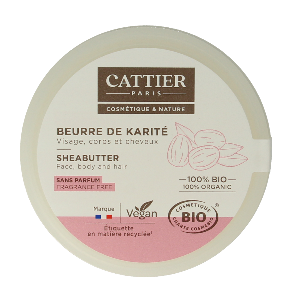 Cattier shea butter 100g jar for body care, creamy white balm in a simple container, natural skincare product.