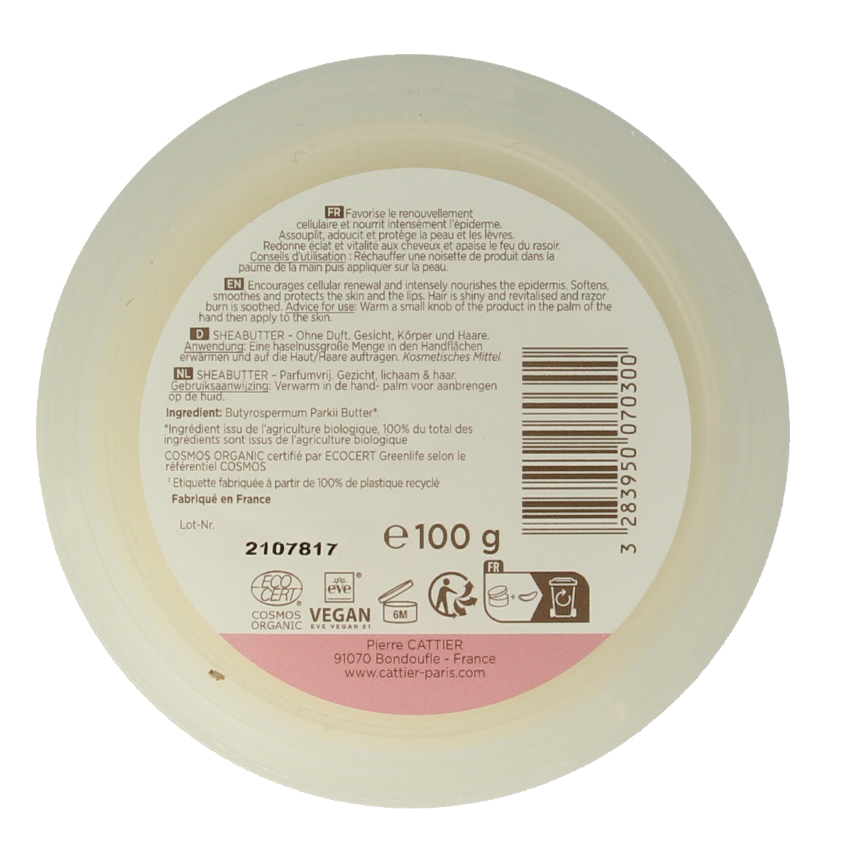 Cattier Sheabutter 100g jar for body care, showing the white shea butter inside a clear container, labeled with Cattier branding.