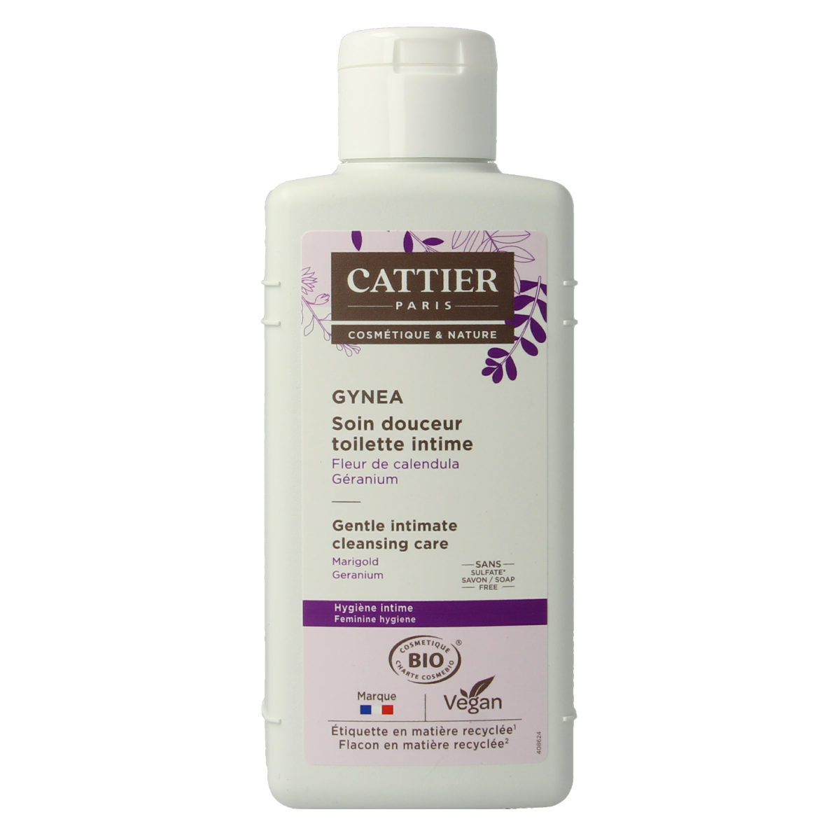 Cattier Gynea intimate hygiene cleansing care bottle, 200ml, for women's feminine hygiene, with a white and purple label.
