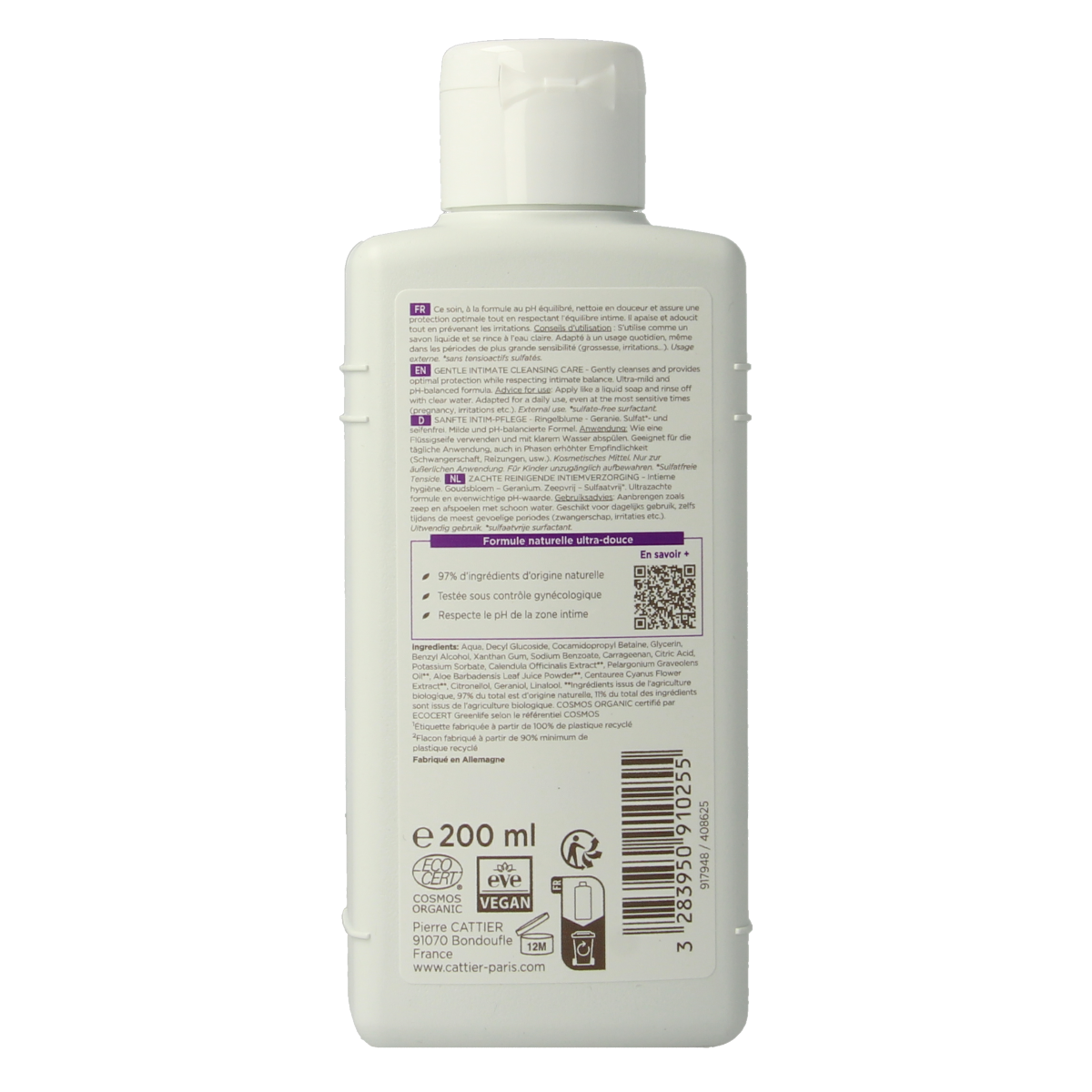 Cattier Gynea feminine hygiene cleansing care bottle, 200ml, with natural ingredients, designed for intimate hygiene for women.