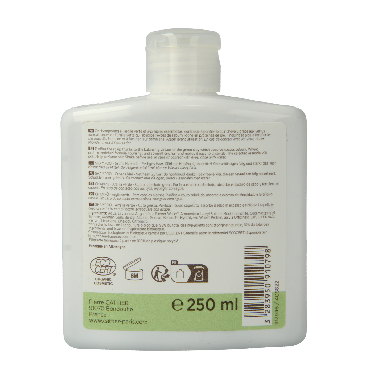 Cattier Vet Haar Groene Klei Shampoo bottle, 250ml, natural hair care product with green clay for scalp cleansing and hair health
