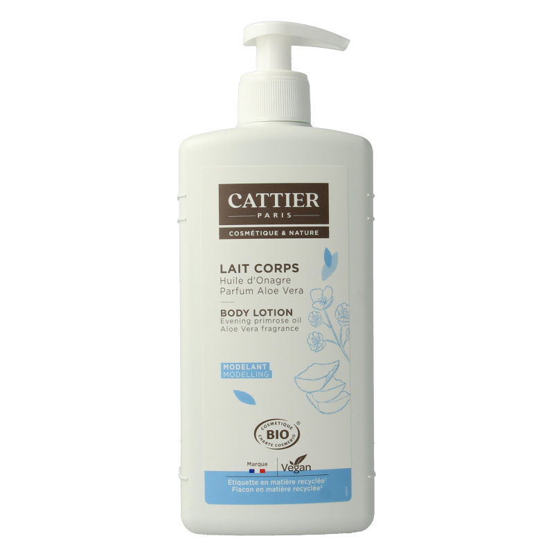 Cattier aloe vera and primrose body lotion 500ml, moisturizing body care product with natural ingredients, for smooth skin.