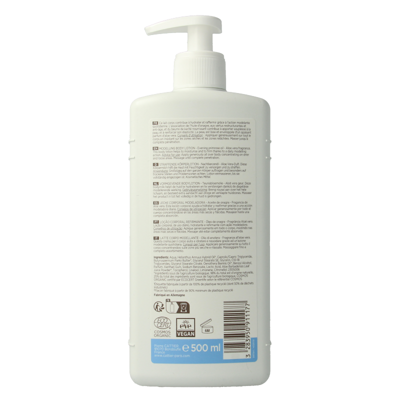 Cattier aloe vera and primrose body lotion in a 500ml bottle, moisturizing skincare product with natural ingredients.