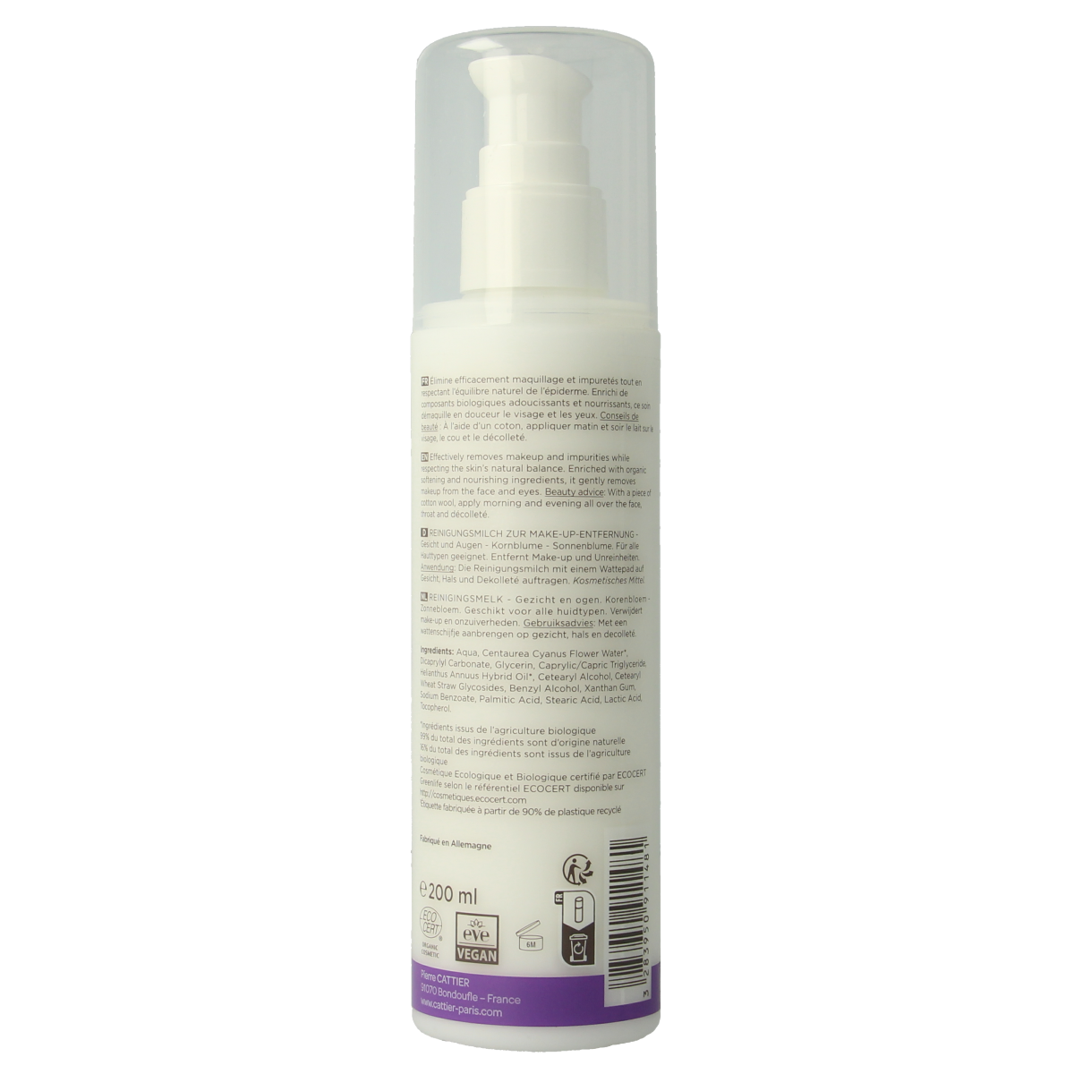 Cattier Reinigingsmelk Caress d'Herboriste gezichtsverzorging in 200ml bottle, gentle cleansing milk for face.