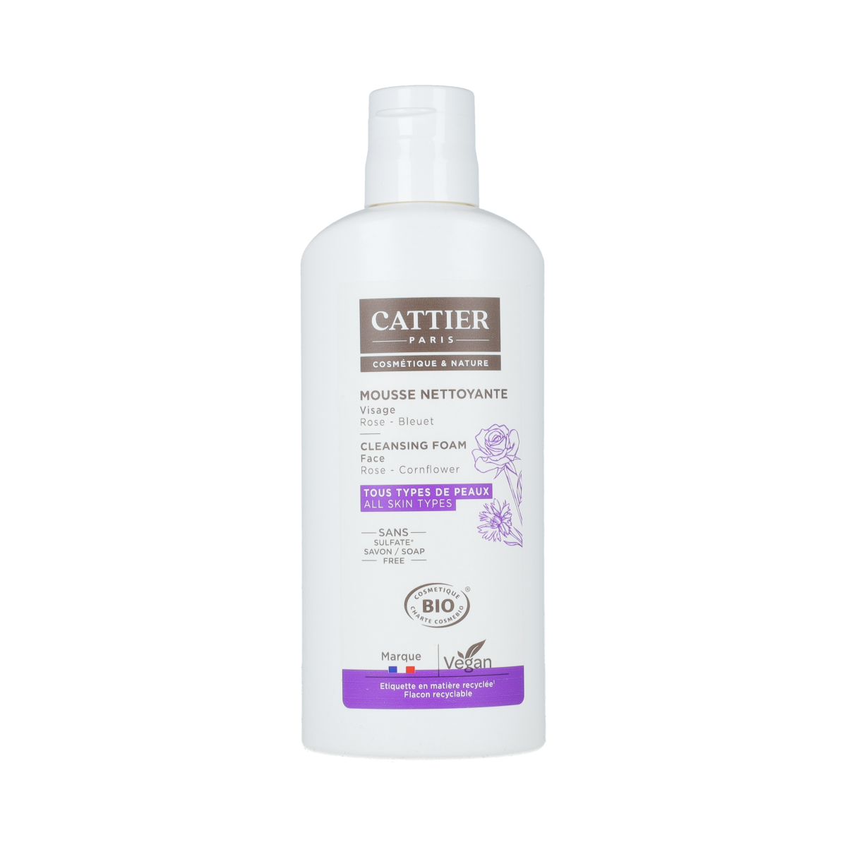 Cattier Reinigingsschuim Nuage Celeste facial cleansing foam in 150ml bottle, gentle face wash for clean, refreshed skin