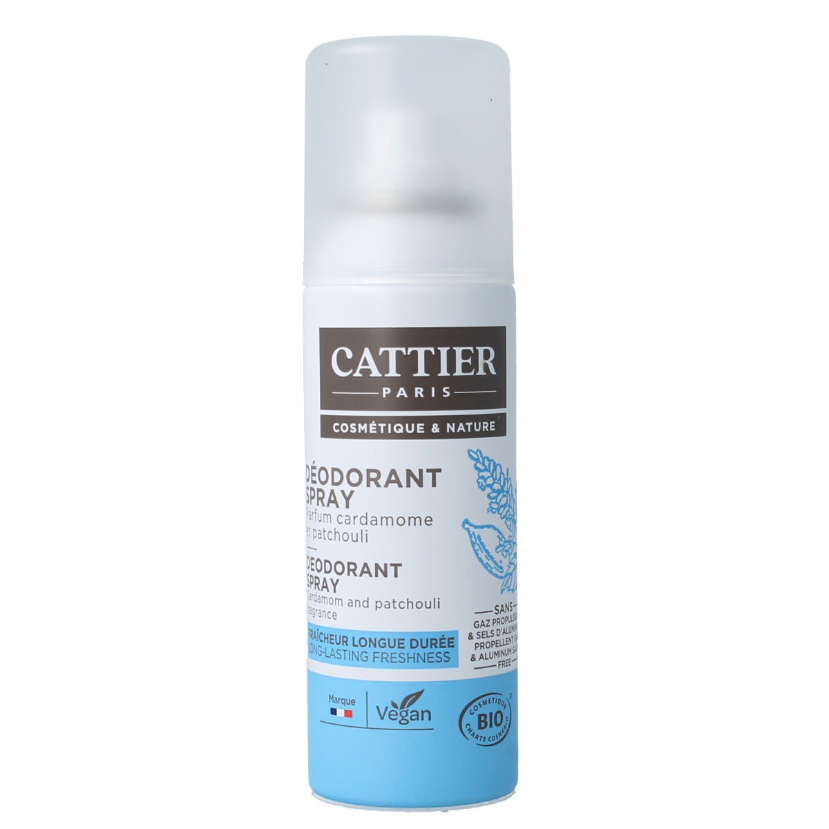Cattier deodorant spray with cardamom and patchouli in 100ml bottle, natural antiperspirant for fresh, clean scent.