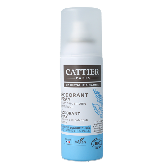 Cattier deodorant spray with cardamom and patchouli in 100ml bottle, natural antiperspirant for fresh, clean scent.